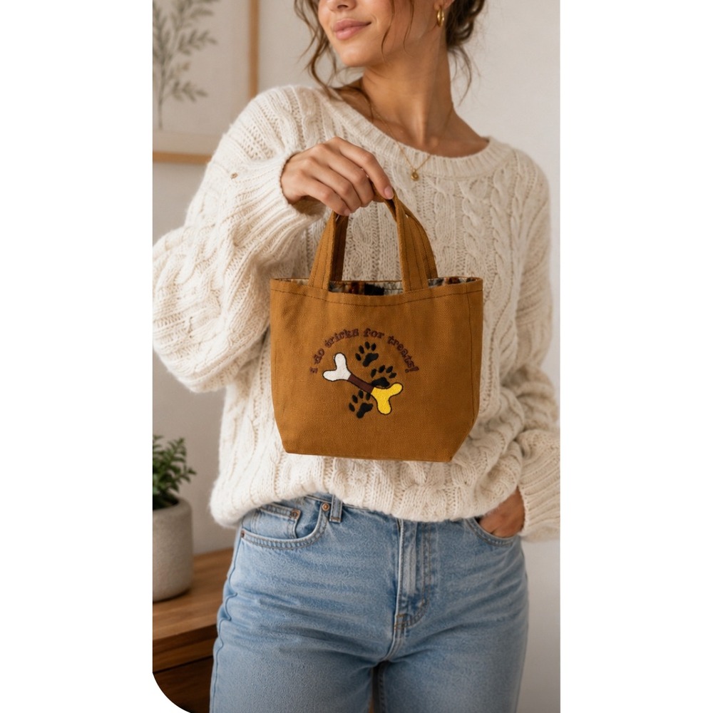 Mustard Brown Canvas Mini Tote Bag Dog Bone Tricks for Treats Embroidered